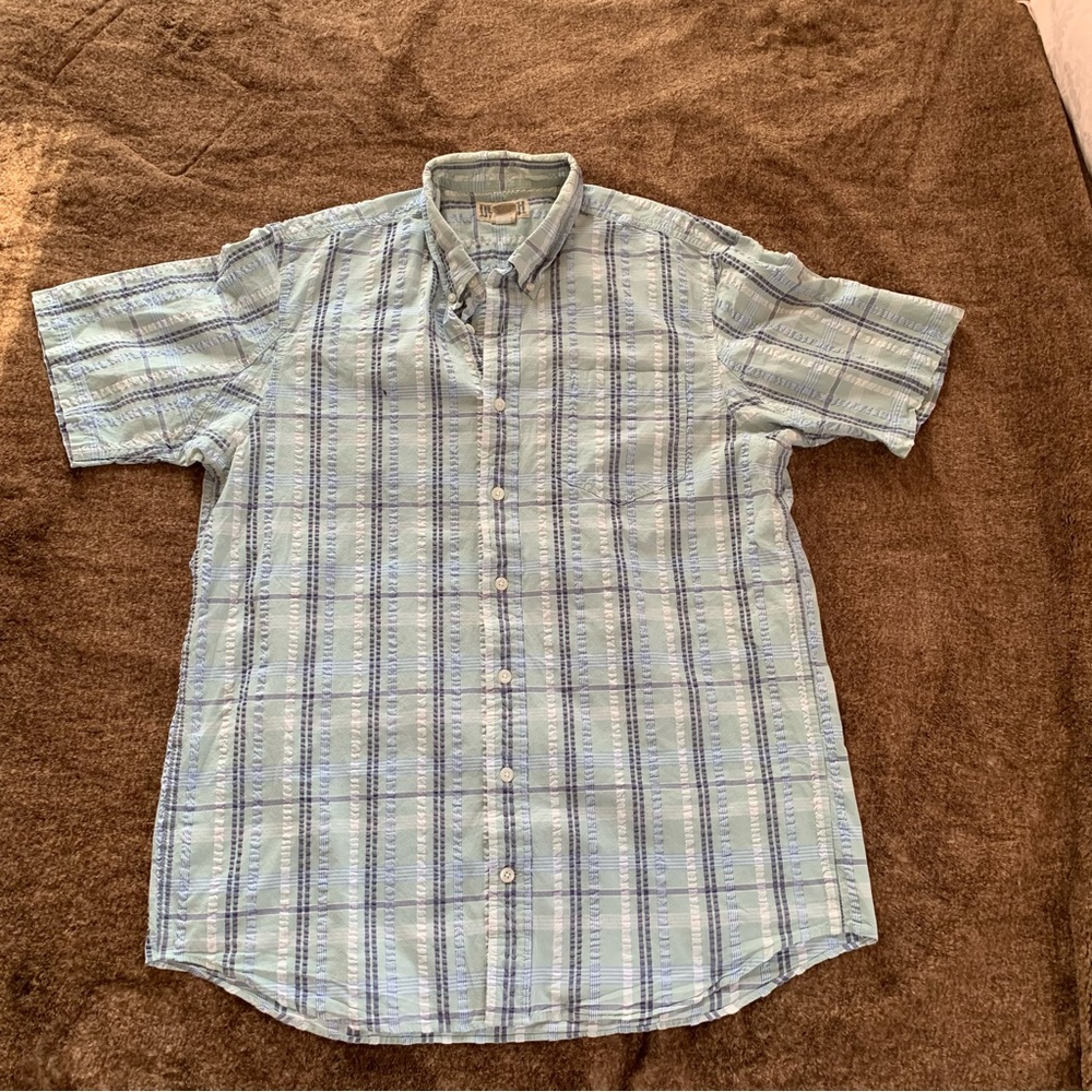 Duluth Trading Co. Large Tall Seersucker Plaid Button Down Short Sleeve Shirt
